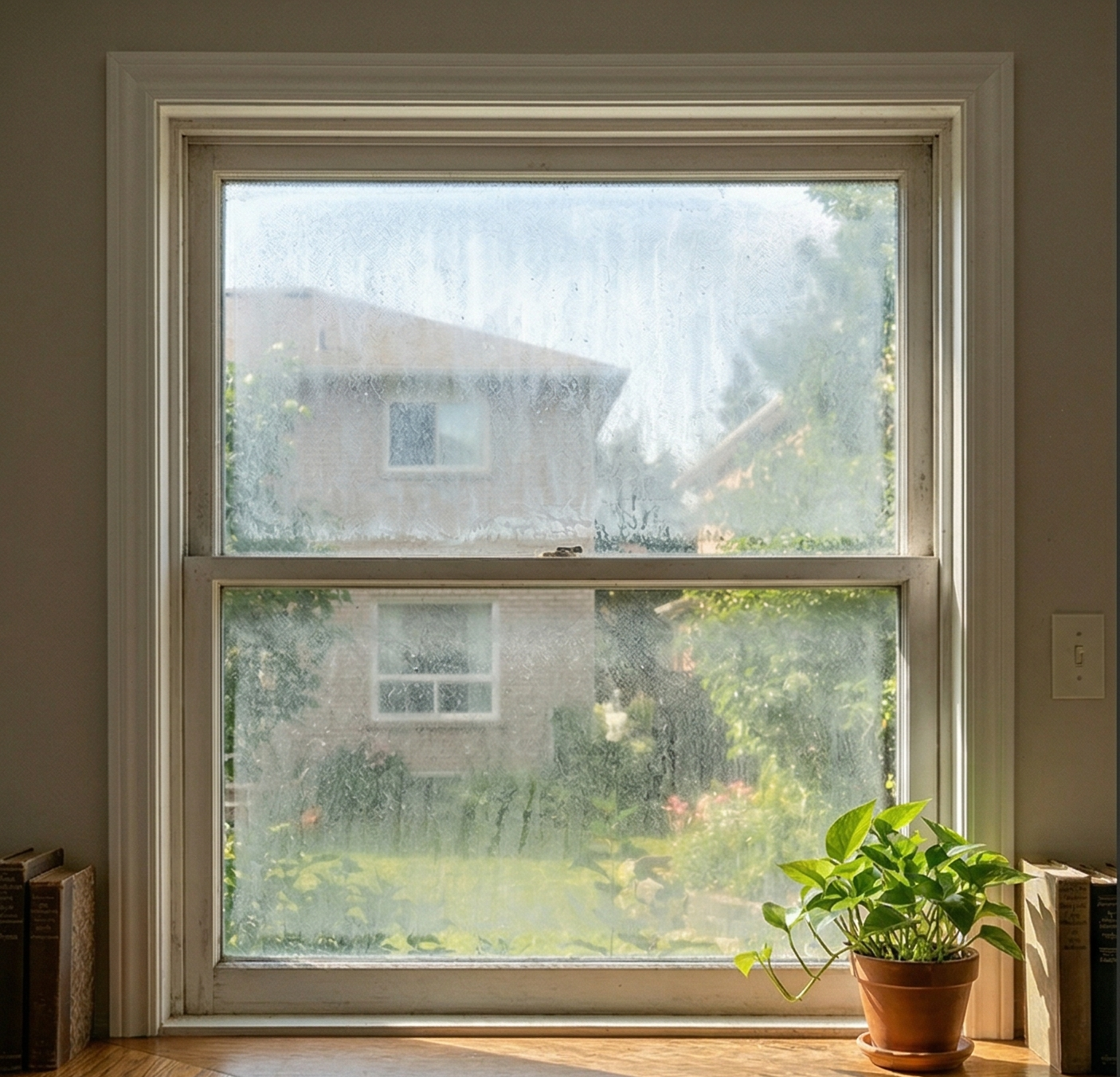 Dirty hard water stained window